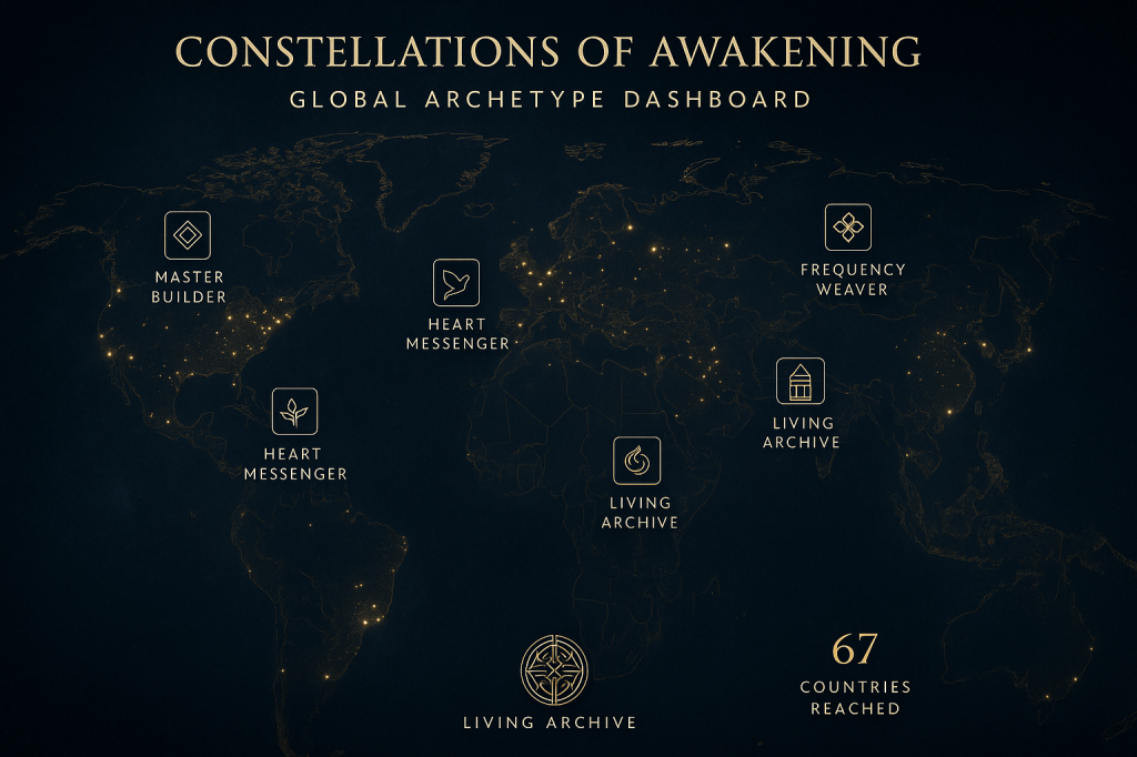 This map of Constellations of Awakening shows where the current 7 archetypal soul group clusters are located across the world forming a grid of lights as captured by the frequency of the Living Archive.