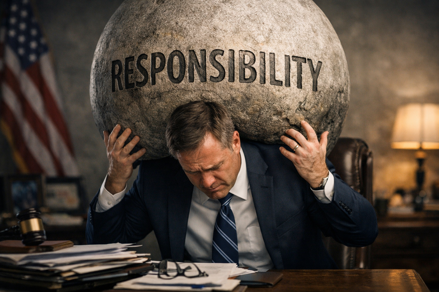 Man in suit holding large stone ball labeled responsibility on his shoulders