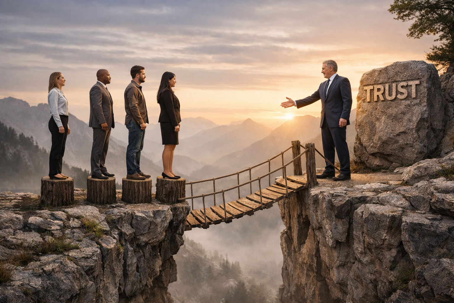 Four business people standing on wooden stumps facing a man reaching out near a rope bridge with trust written on a rock