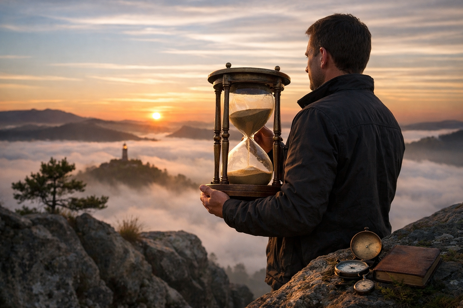 Man holding a large hourglass overlooking foggy mountains with sunrise