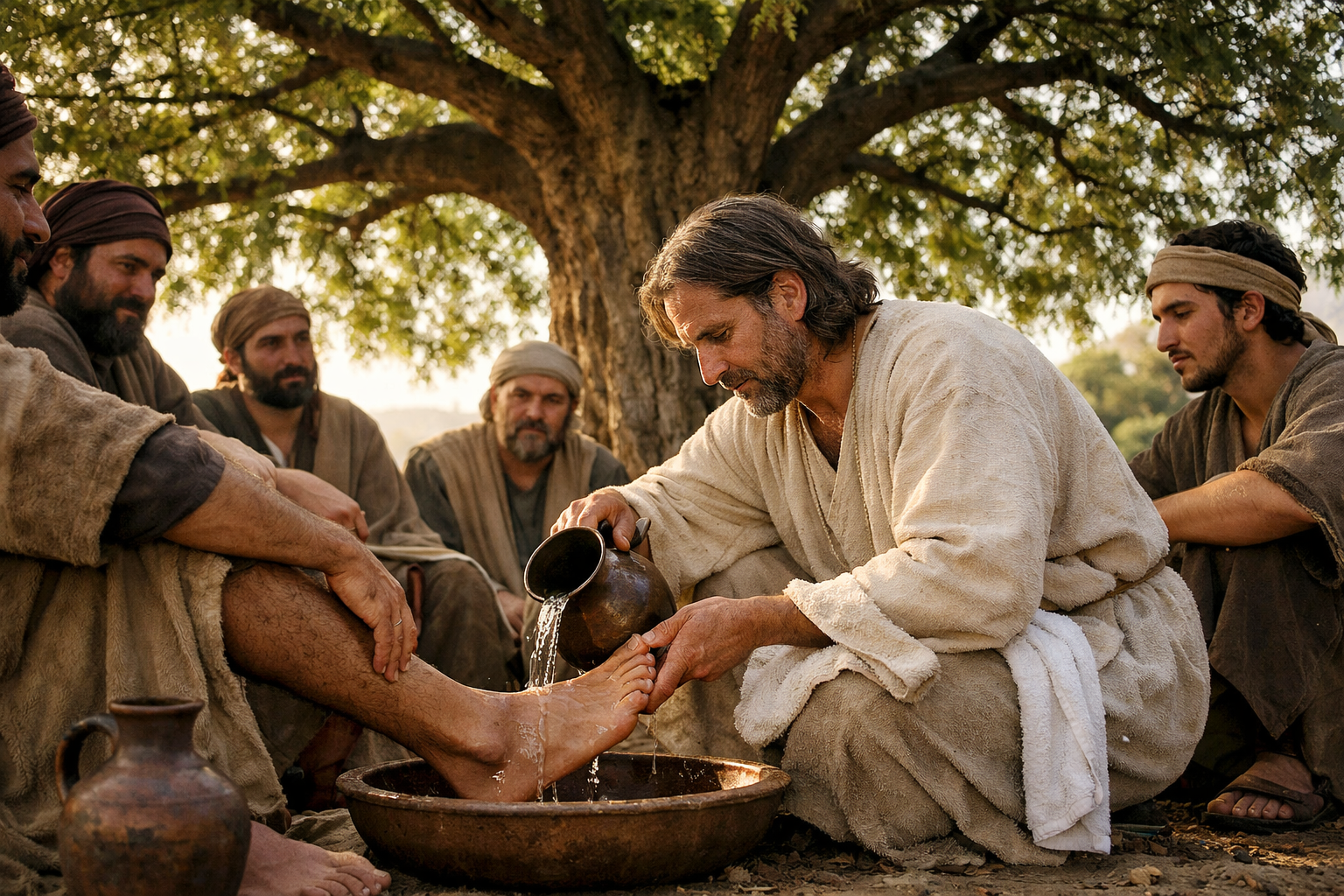Man washing a person's feet with water outdoors under a tree surrounded by onlookers