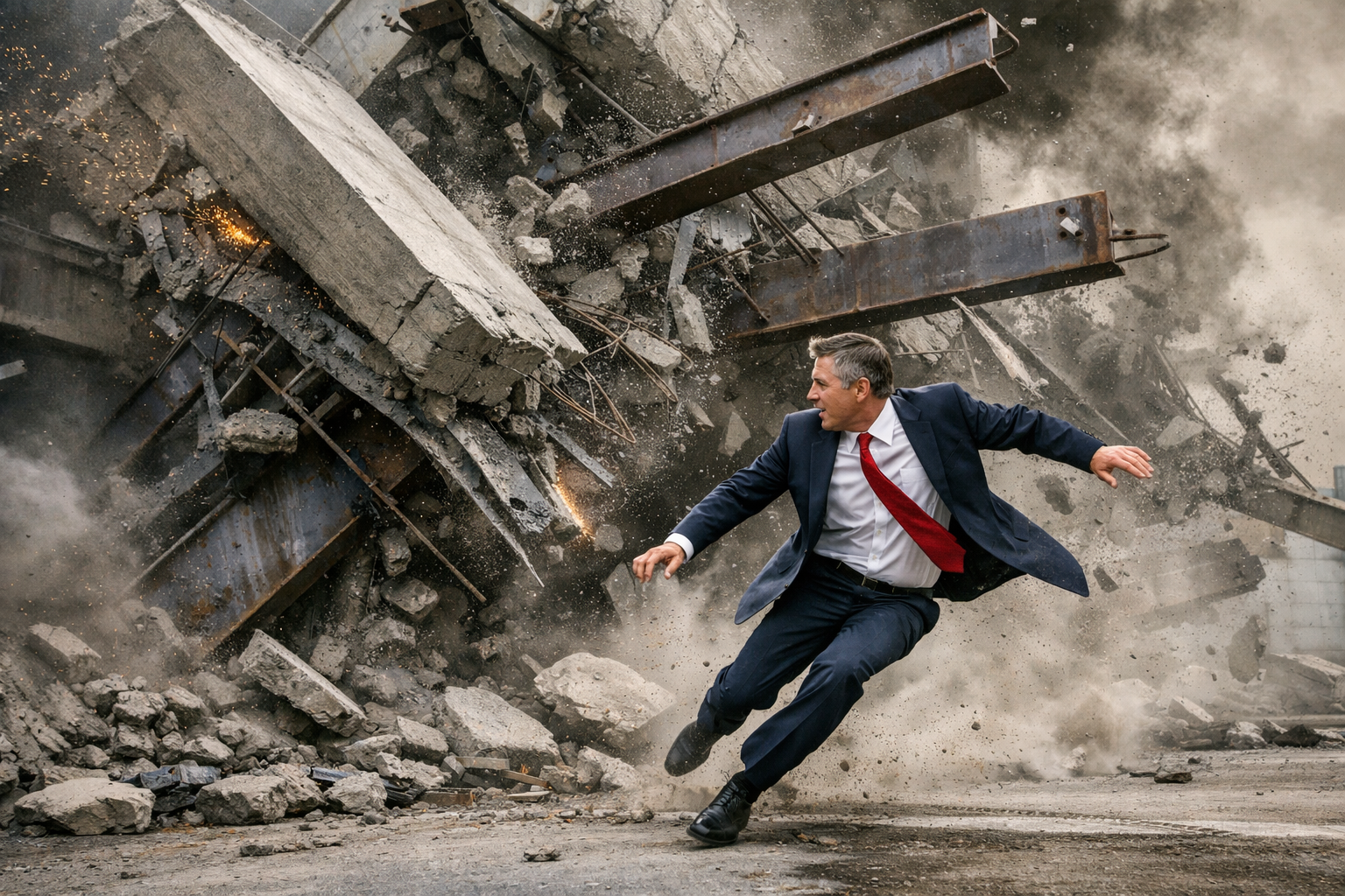 Man in suit running away from a collapsing concrete structure with dust and debris