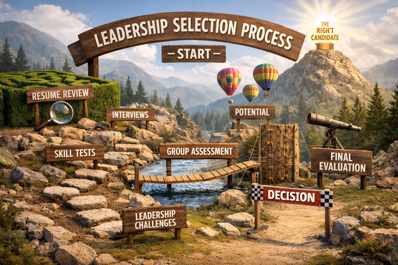 Pathway with signs showing leadership selection stages from resume review to final evaluation and decision.