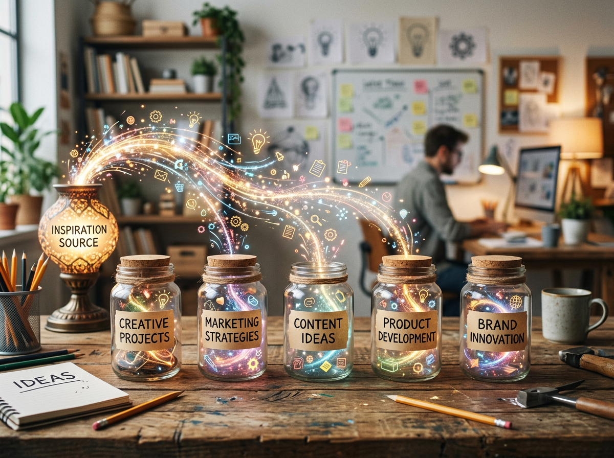 Jars labeled creative projects, marketing strategies, content ideas, product development, brand innovation receiving glowing idea streams from inspiration source