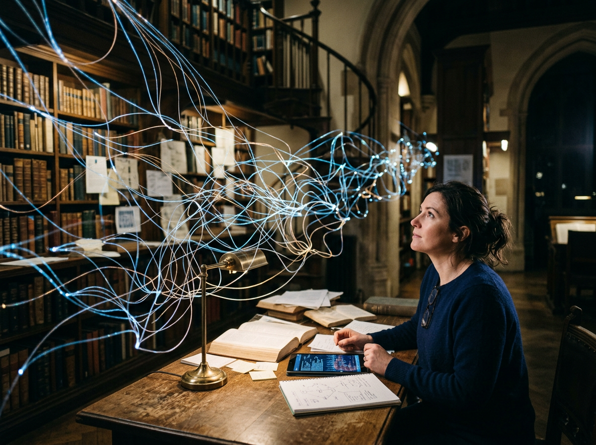 Woman sitting at a wooden table with books, tablet displaying data, and glowing abstract light trails in a historic library