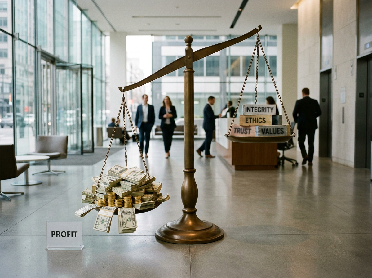 Balance scale with money on one side and blocks labeled integrity, ethics, trust, values on the other