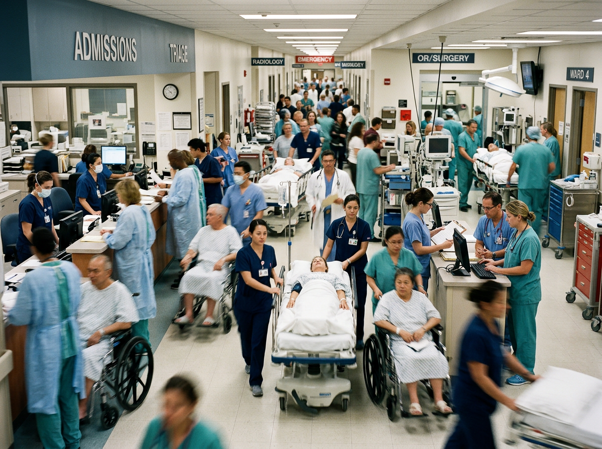 Crowded hospital corridor with medical staff attending to patients on stretchers and in wheelchairs