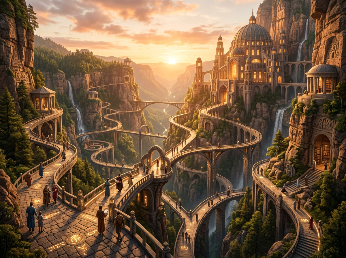 Fantasy mountain city with winding stone paths and majestic domed architecture