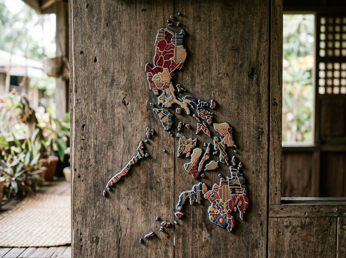 Beaded map art depicting the Philippines on wooden background