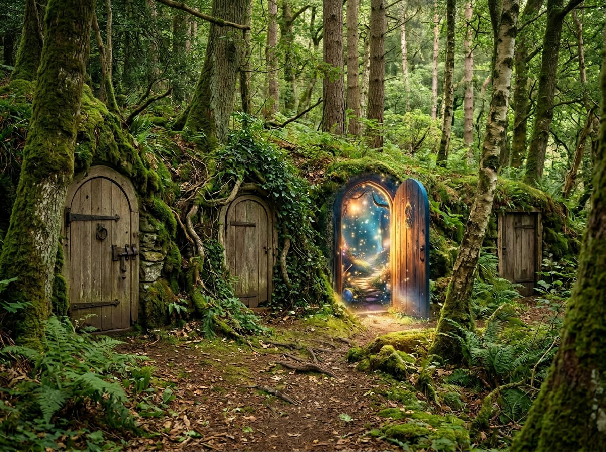 Four small wooden doors built into mossy forest hillside with one door open showing a magical glowing pathway