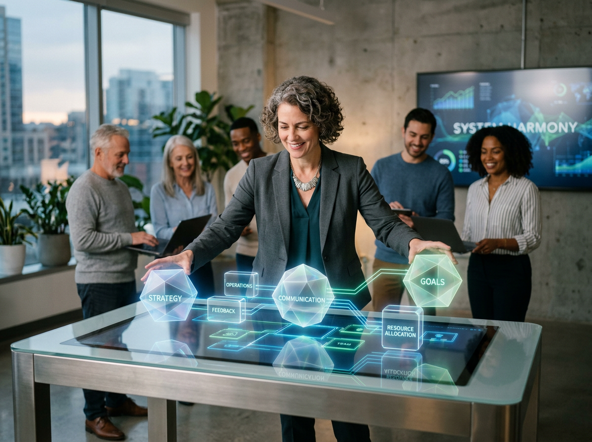 Businesswoman interacting with holographic interface showing strategy, communication, goals, and operations