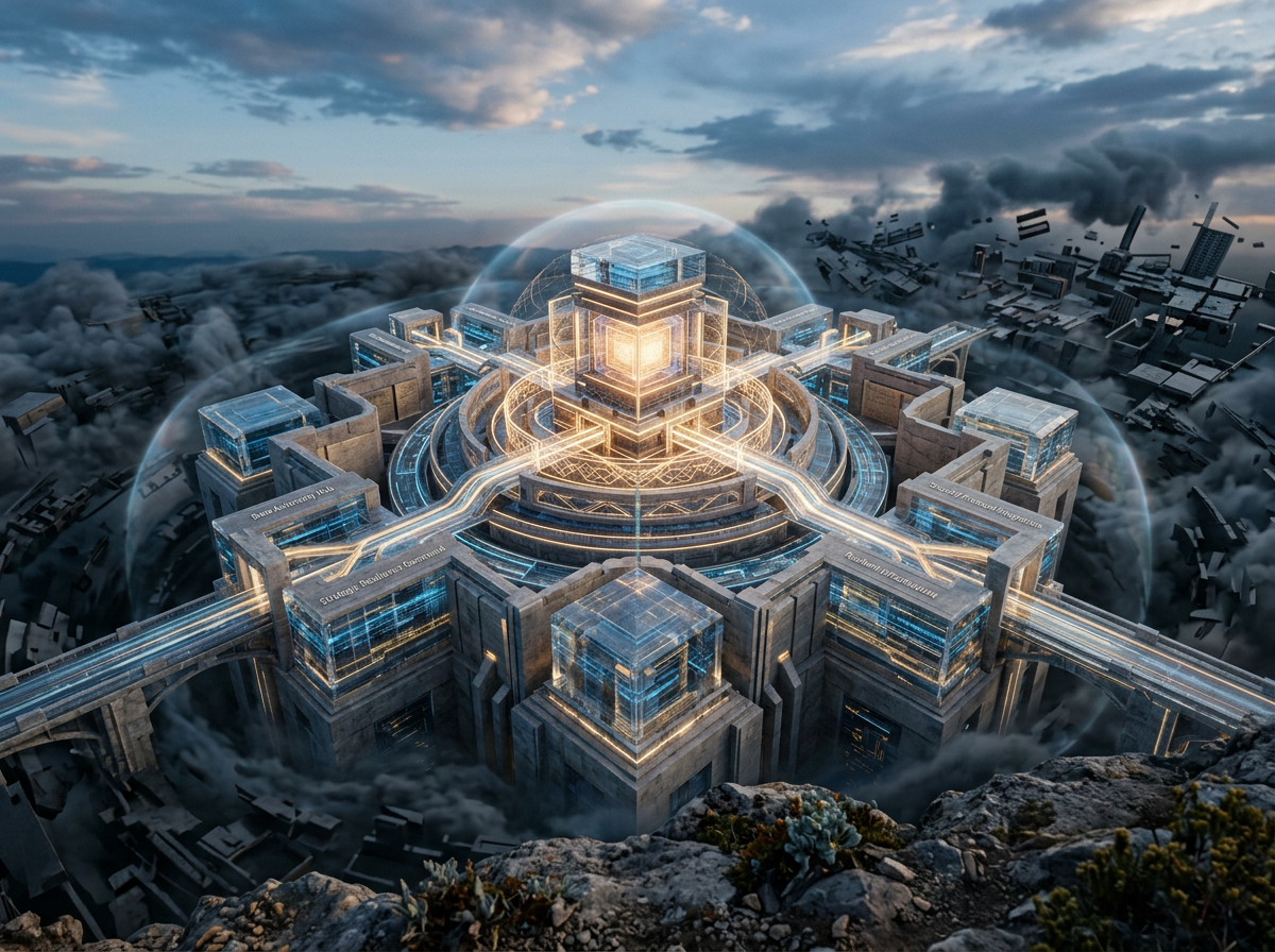 Futuristic data center with glowing interconnected pathways and digital interface