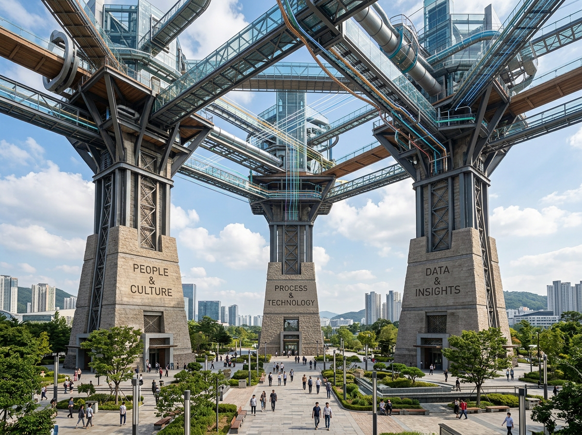 Three large pillars labeled People & Culture, Process & Technology, and Data & Insights with interconnected modern walkways above.