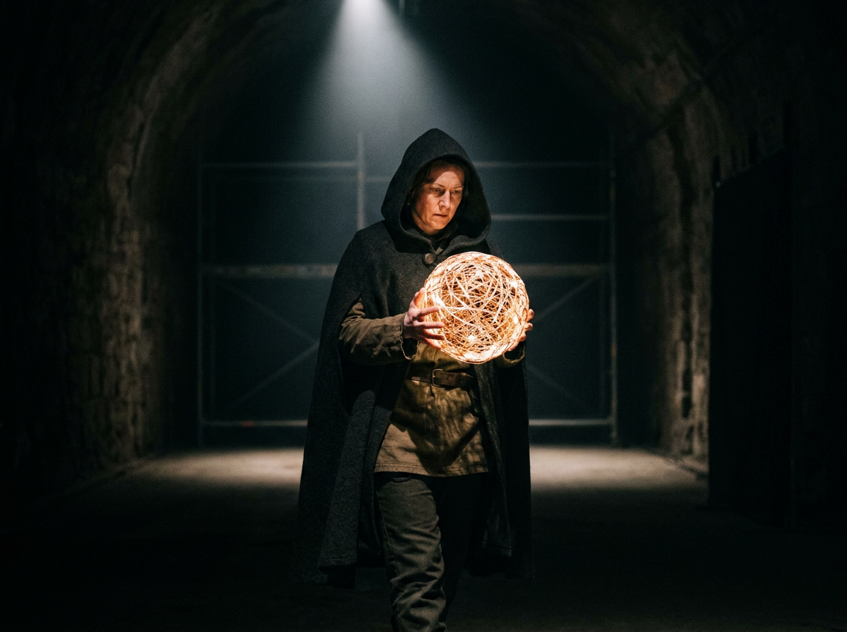 Person in cloak holding glowing woven light orb in dark tunnel