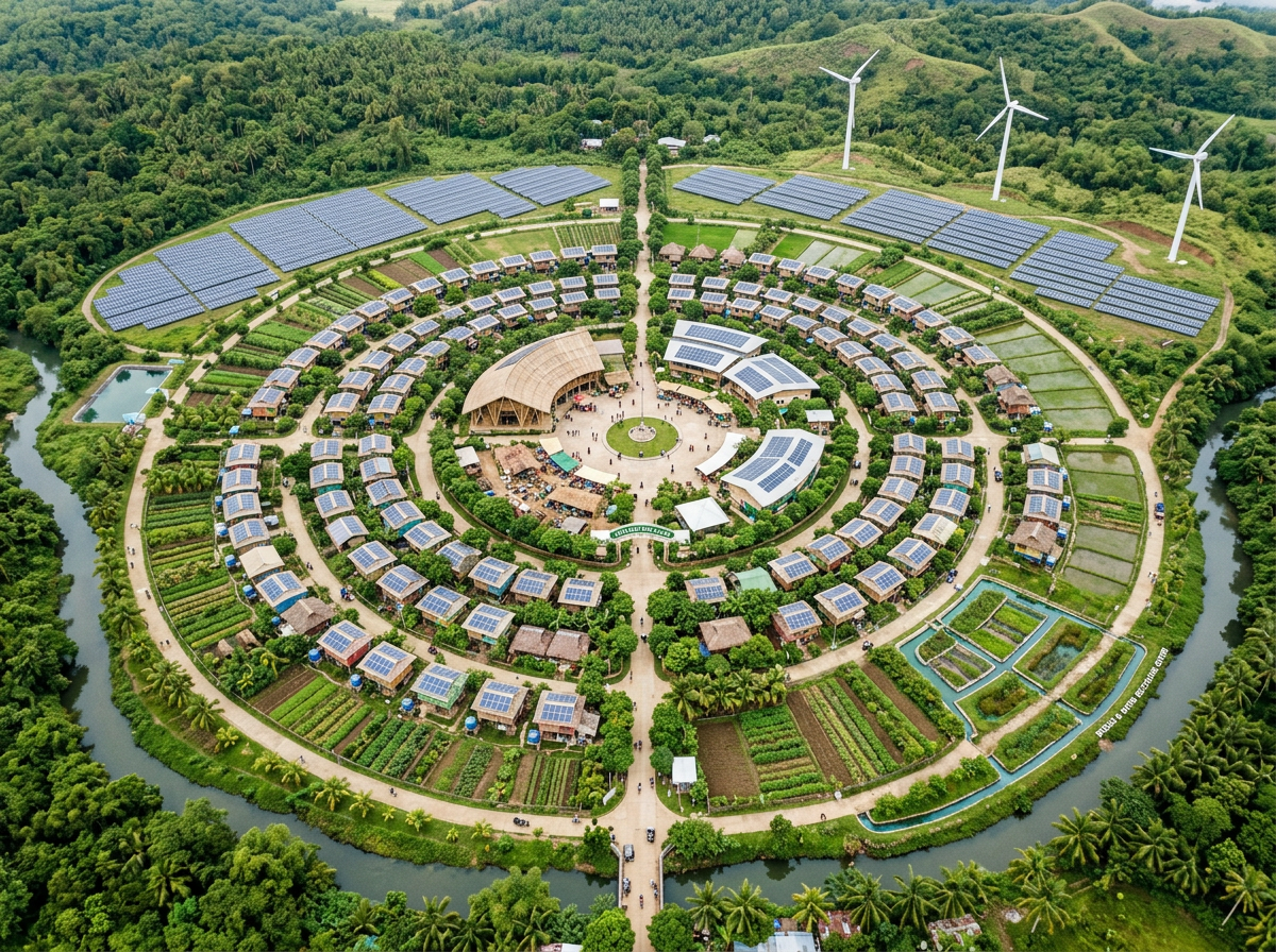 A circular eco-village with solar-paneled houses, wind turbines, green fields, and surrounding trees