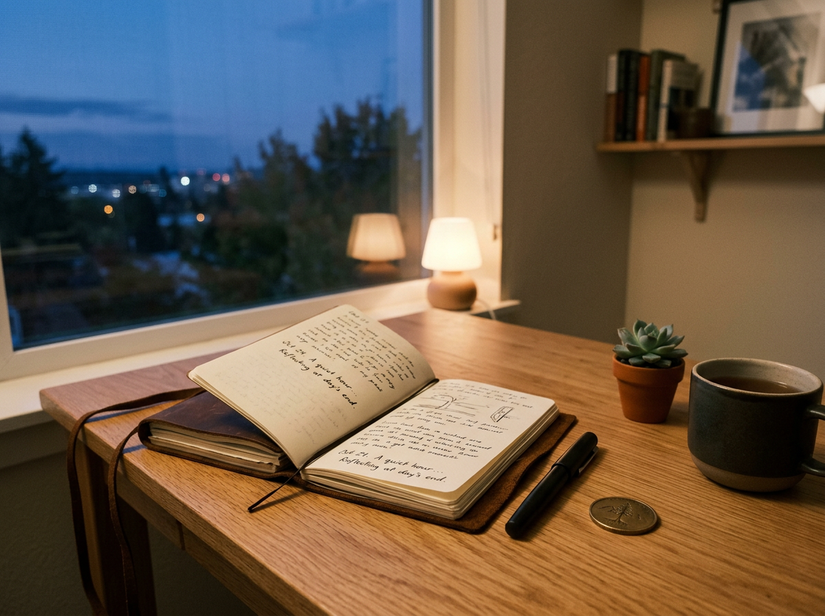 Open journal with handwritten notes and diagrams on a wooden desk beside a pen, small potted succulent, and coffee cup near a lit lamp and window at dusk
