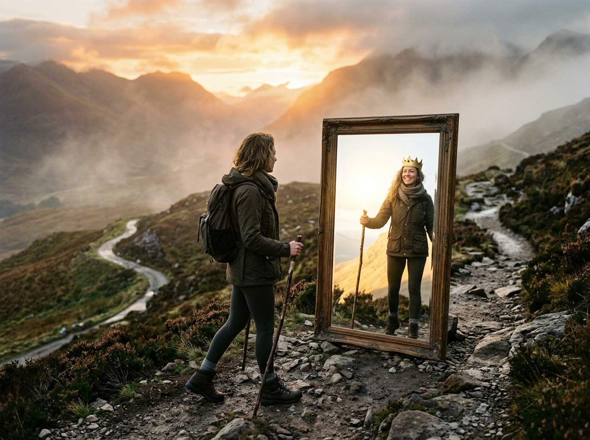 Hiker looking at her reflection wearing a crown in a large mirror outdoors
