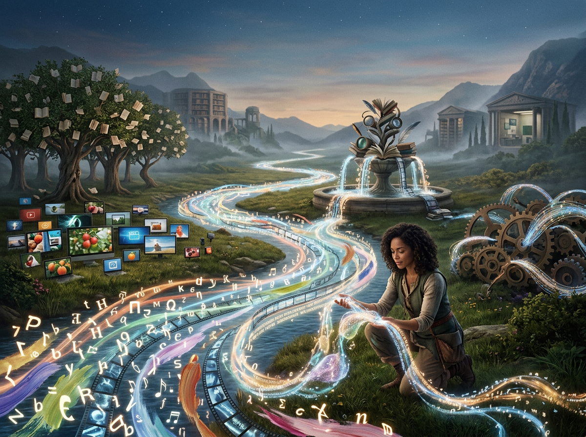 A woman kneeling on grass interacting with bright flowing streams of letters, symbols, and images in a mystical outdoor setting.