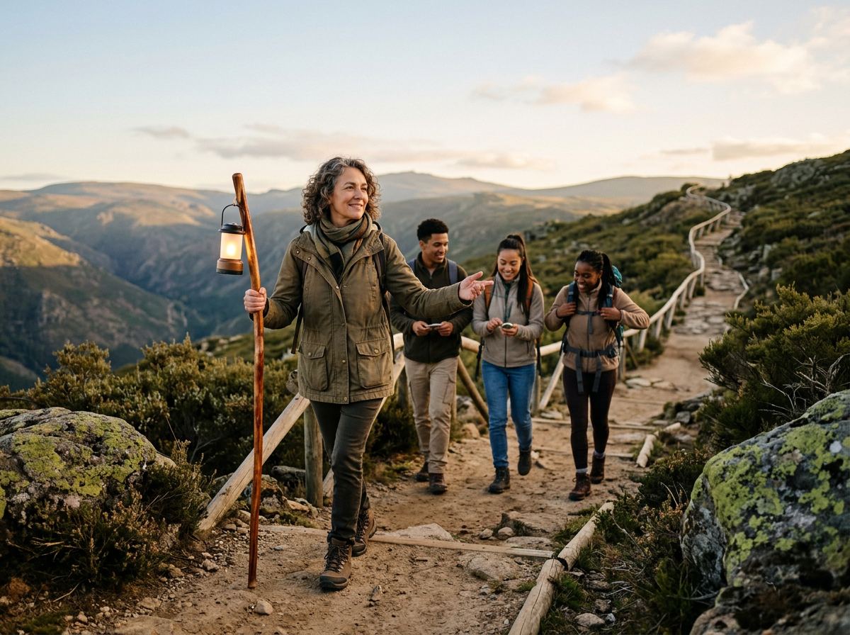 Group of hikers walking on a mountain trail led by a woman holding a lantern on a wooden stick