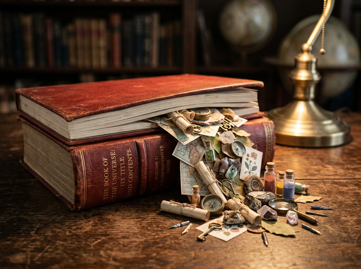 Thick antique book with vintage maps, scrolls, compass, crystals and keys scattered around