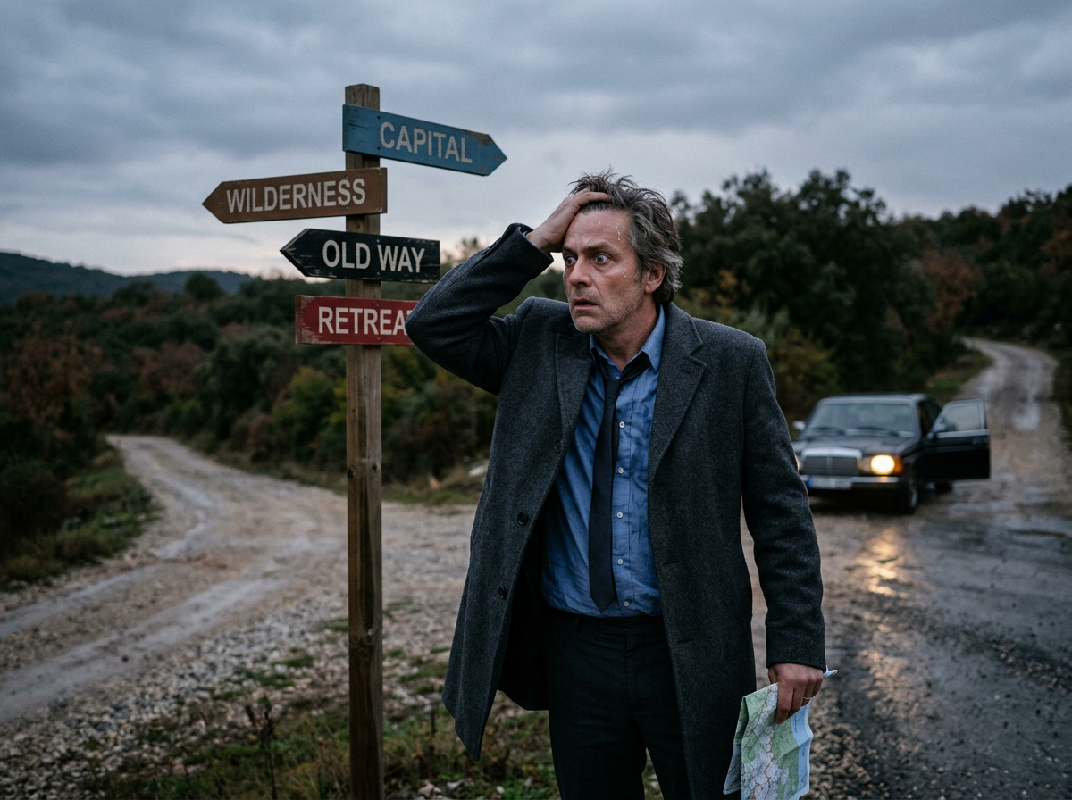 Confused man holding map at rural crossroads with directional signs and car.