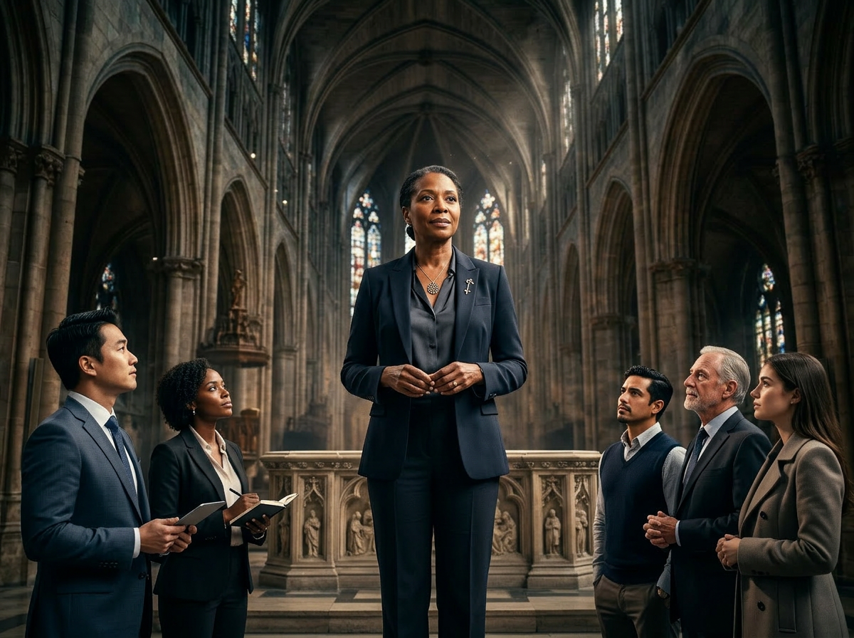 Glowing ethereal female figure ascending with light spirals and a luminous crown inside a cathedral