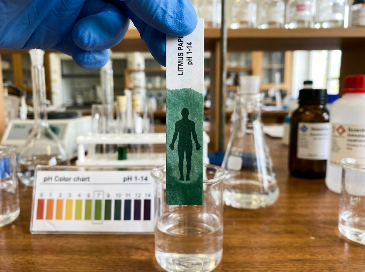 Gloved hand holding litmus paper showing a green color matching pH 7