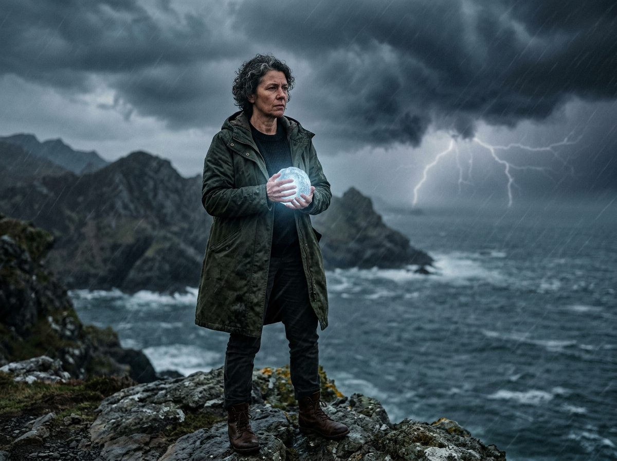 Person holding glowing orb on rocky cliff during storm with lightning