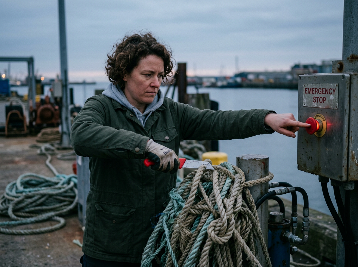 Worker pressing emergency stop button by ropes at harbor dock