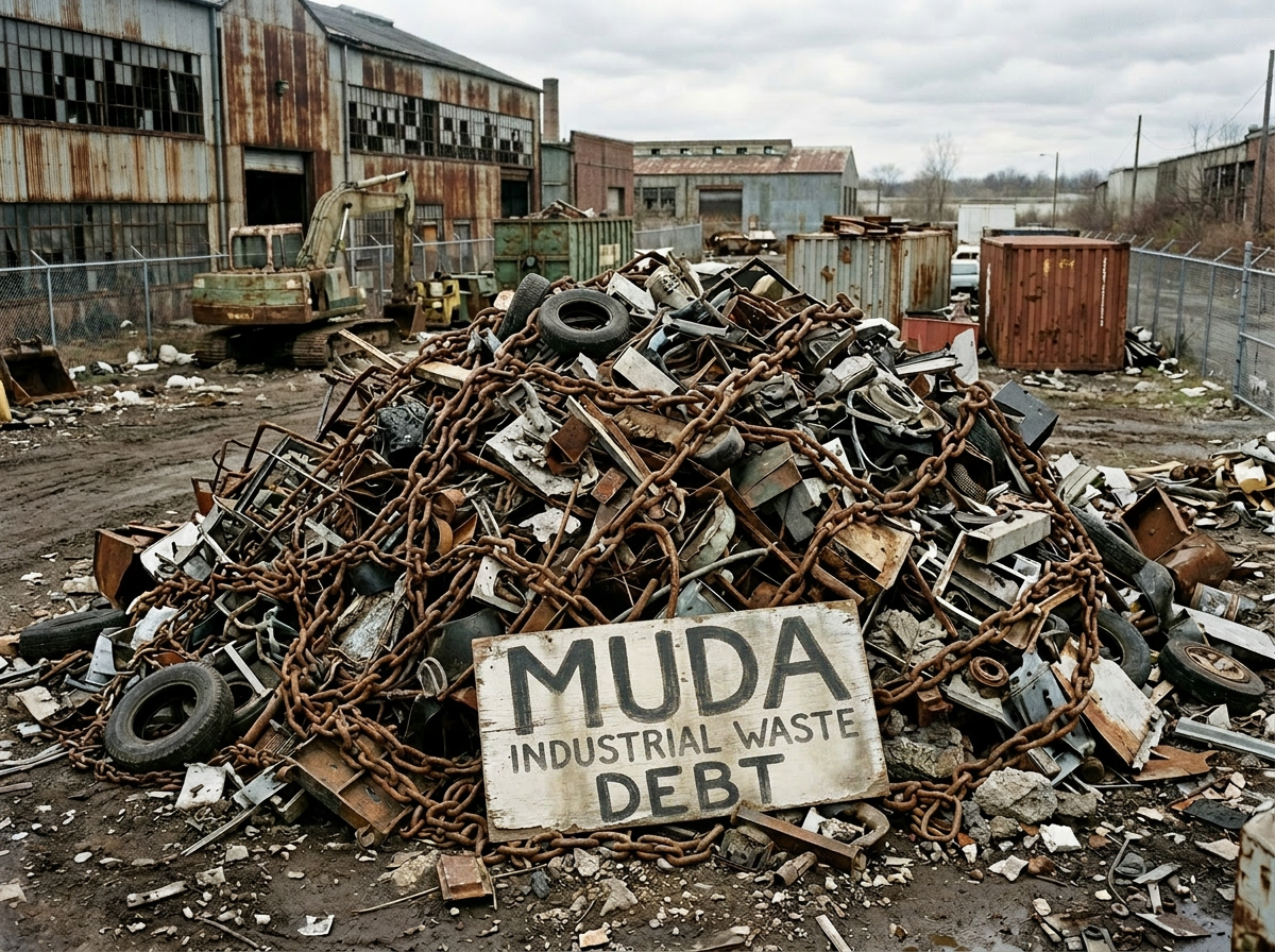 Pile of industrial scrap metal and tires with chains and a sign reading 'MUDA Industrial Waste'