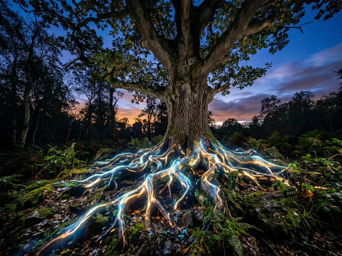 Large tree with illuminated roots spreading across forest floor at twilight
