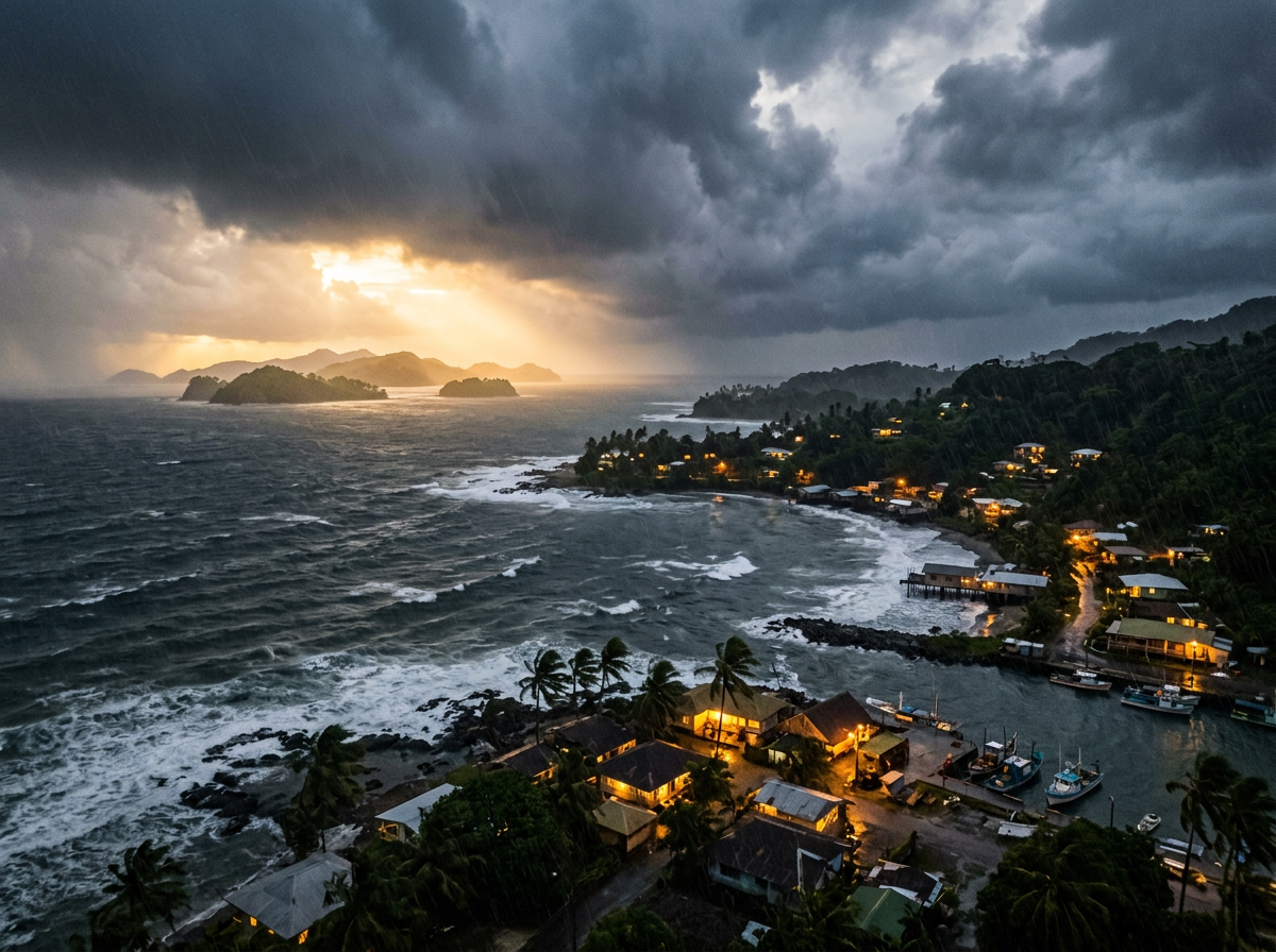 Coastal village with lit houses by rough sea under dark stormy clouds at sunset