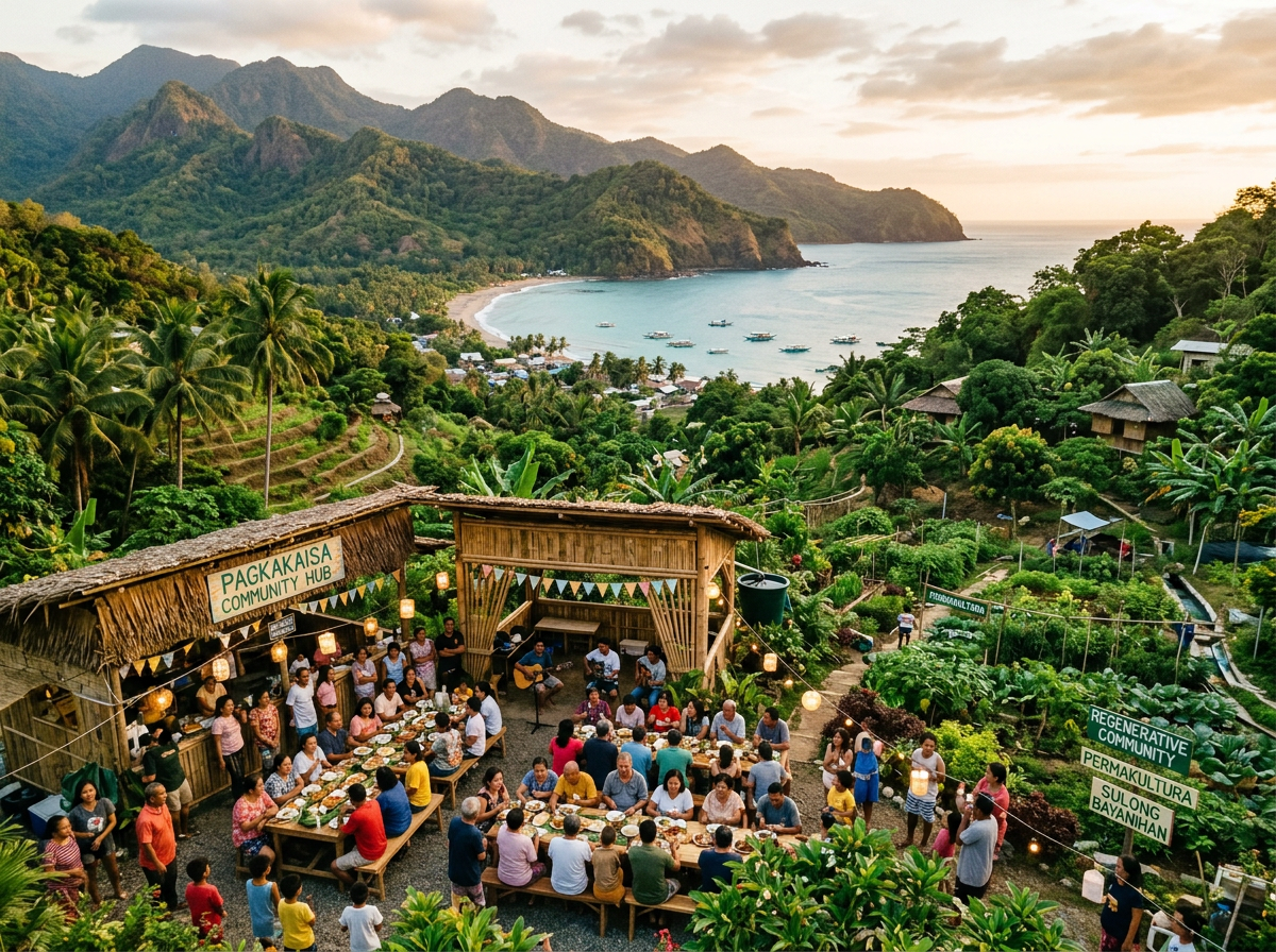 Community gathering sharing food at Pagkakaisa Community Hub near coastal greenery and hills