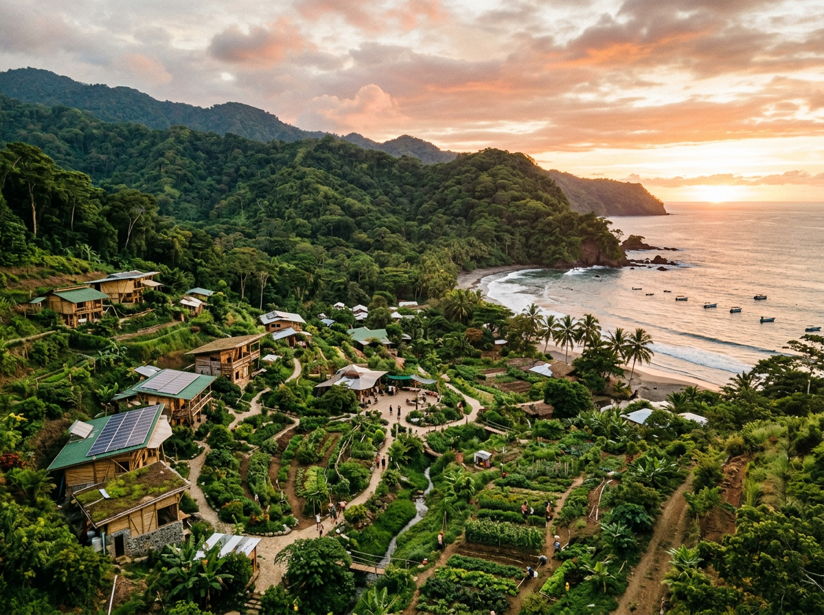 Hillside farm with greenhouses, crops, and ocean at sunset
