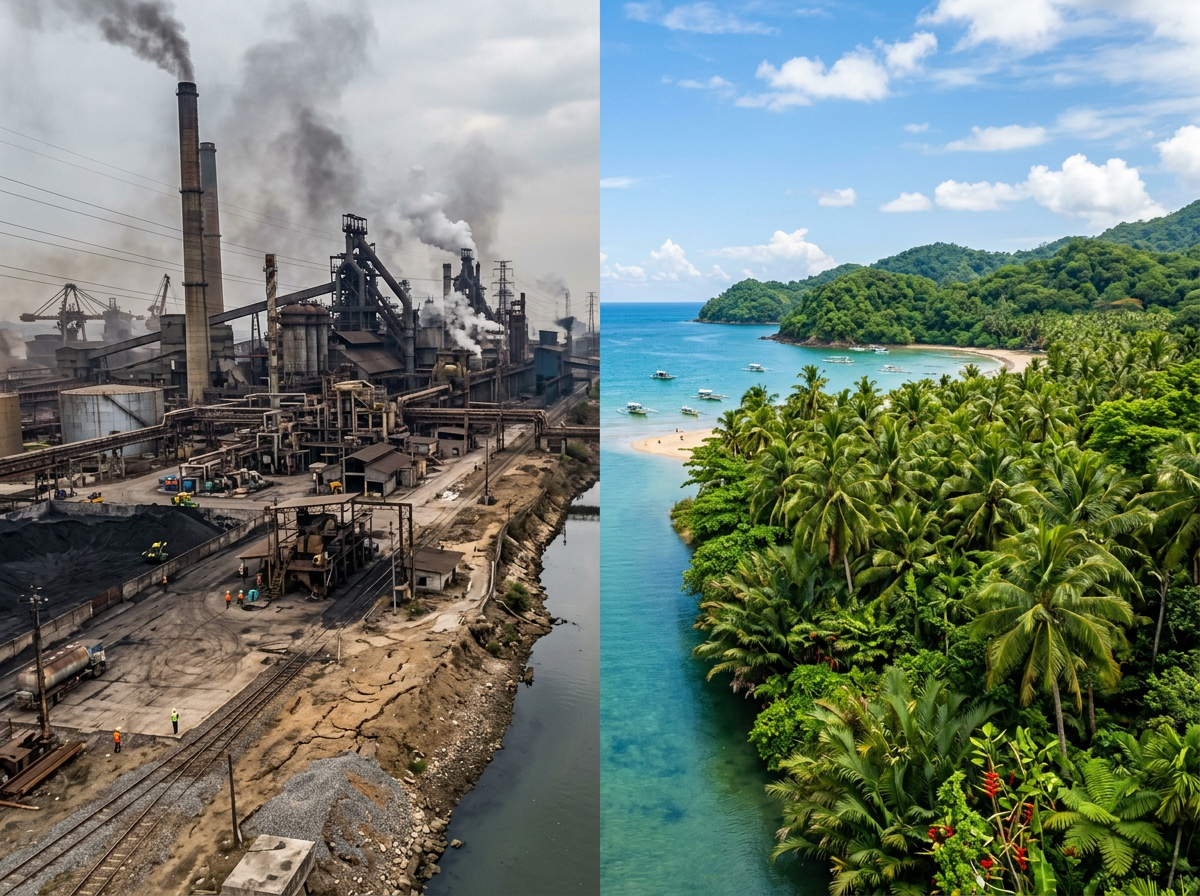Side-by-side image of a smoky industrial factory on the left and a green tropical coastline with blue water on the right