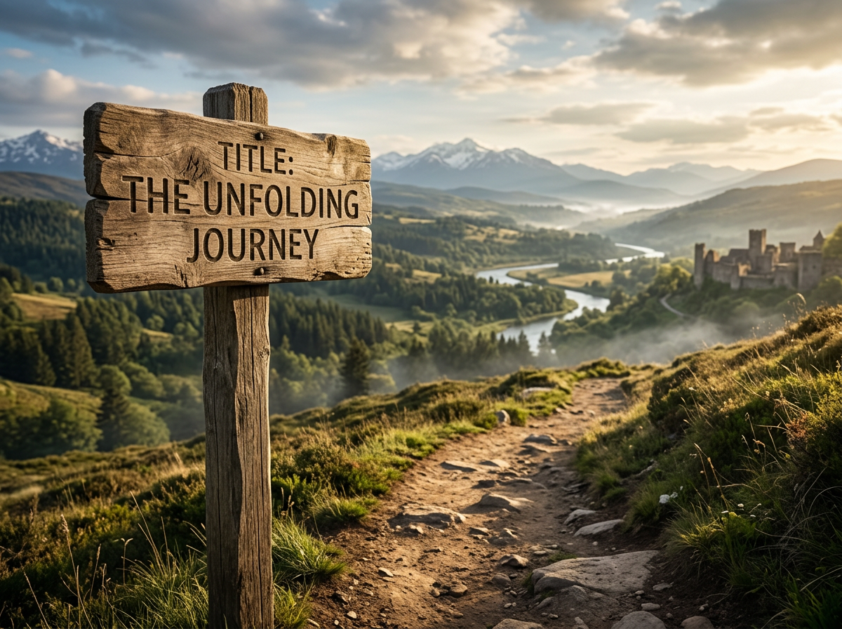 Wooden signpost with text 'THE UNFOLDING JOURNEY' by trail in mountainous green valley