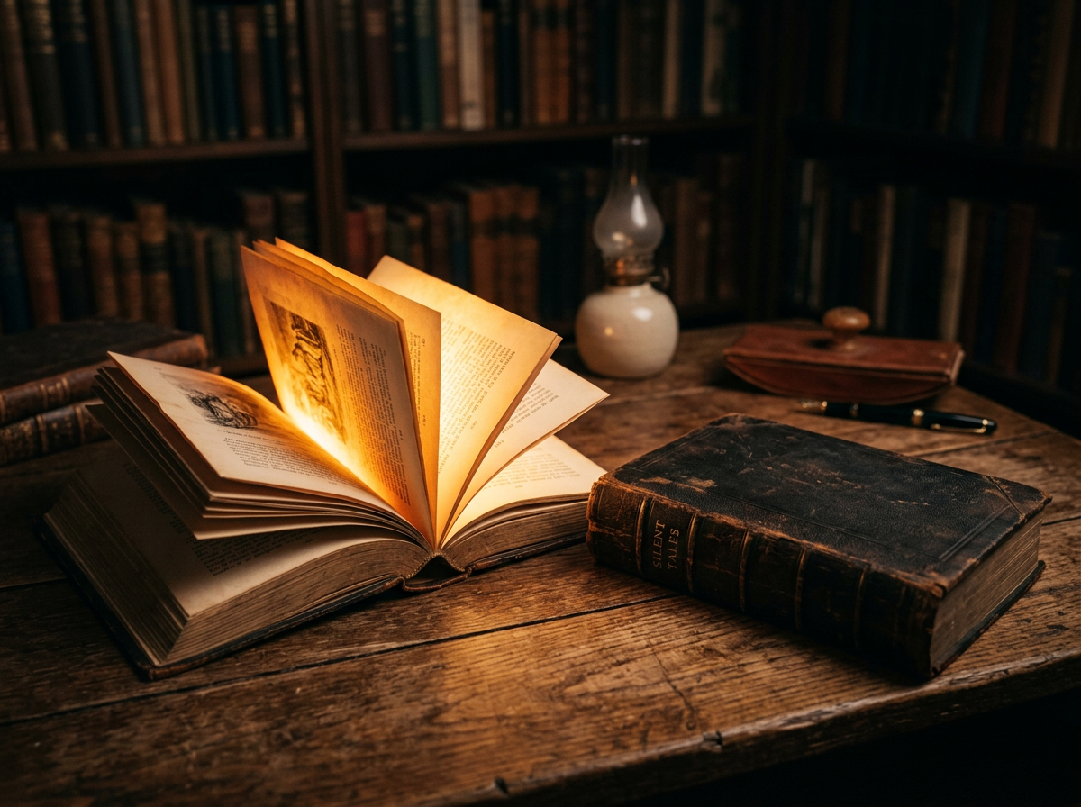 Open old book with glowing pages on wooden table surrounded by vintage books and oil lamp
