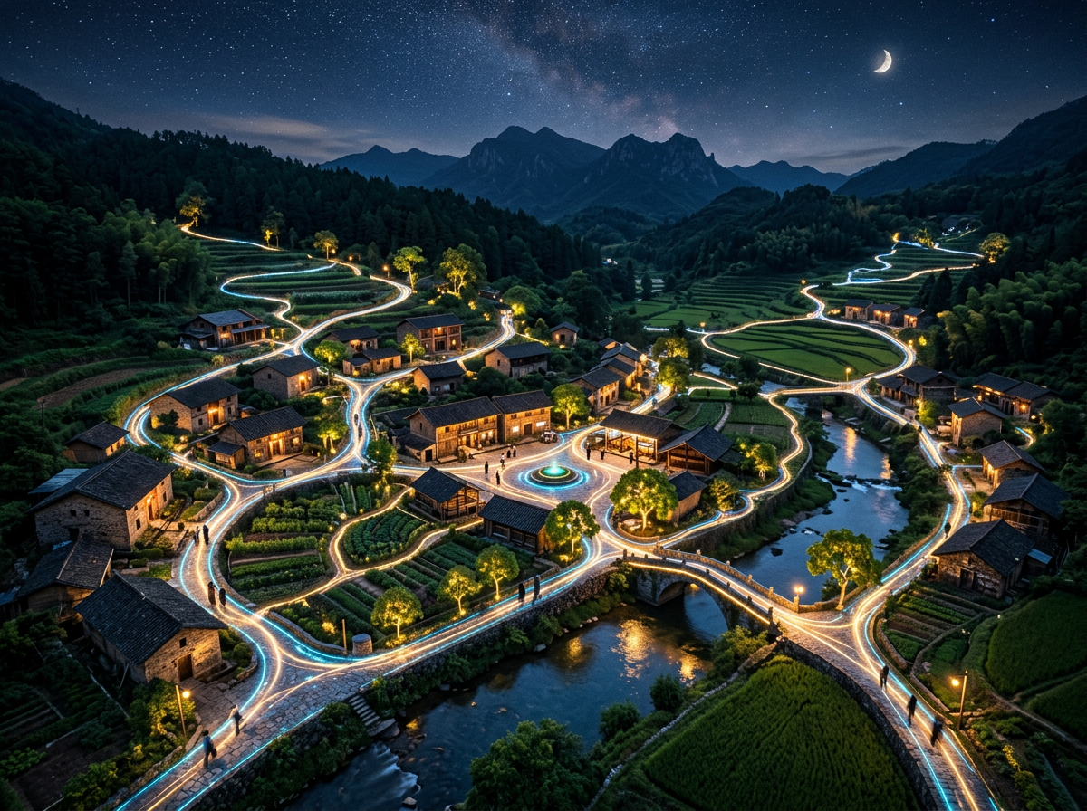 Mountain village at night with glowing winding roads and a crescent moon
