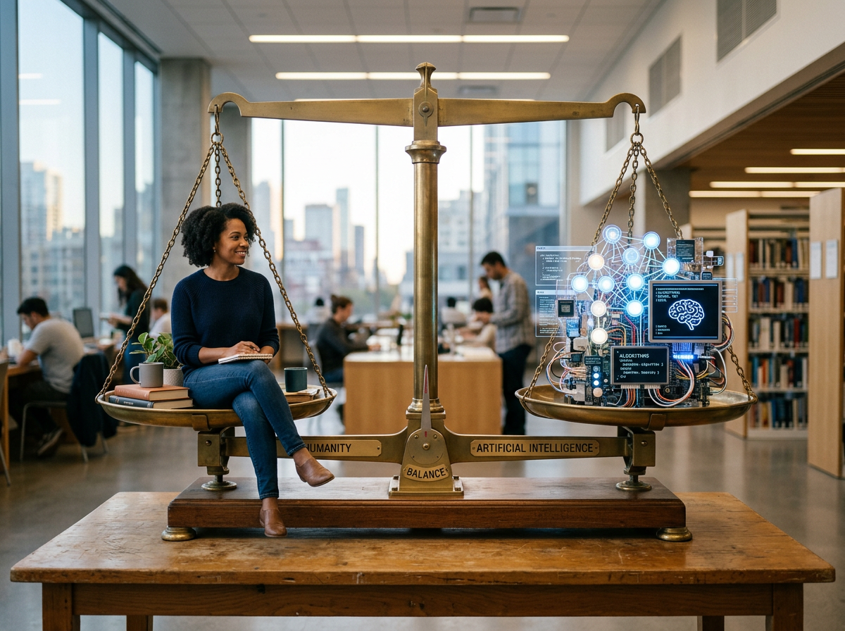 Balance scale with a woman on one side labeled humanity and artificial intelligence components on the other side