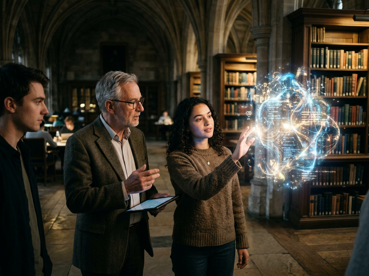 A young woman interacting with a glowing holographic projection while a professor holds a tablet and a student watches in a library