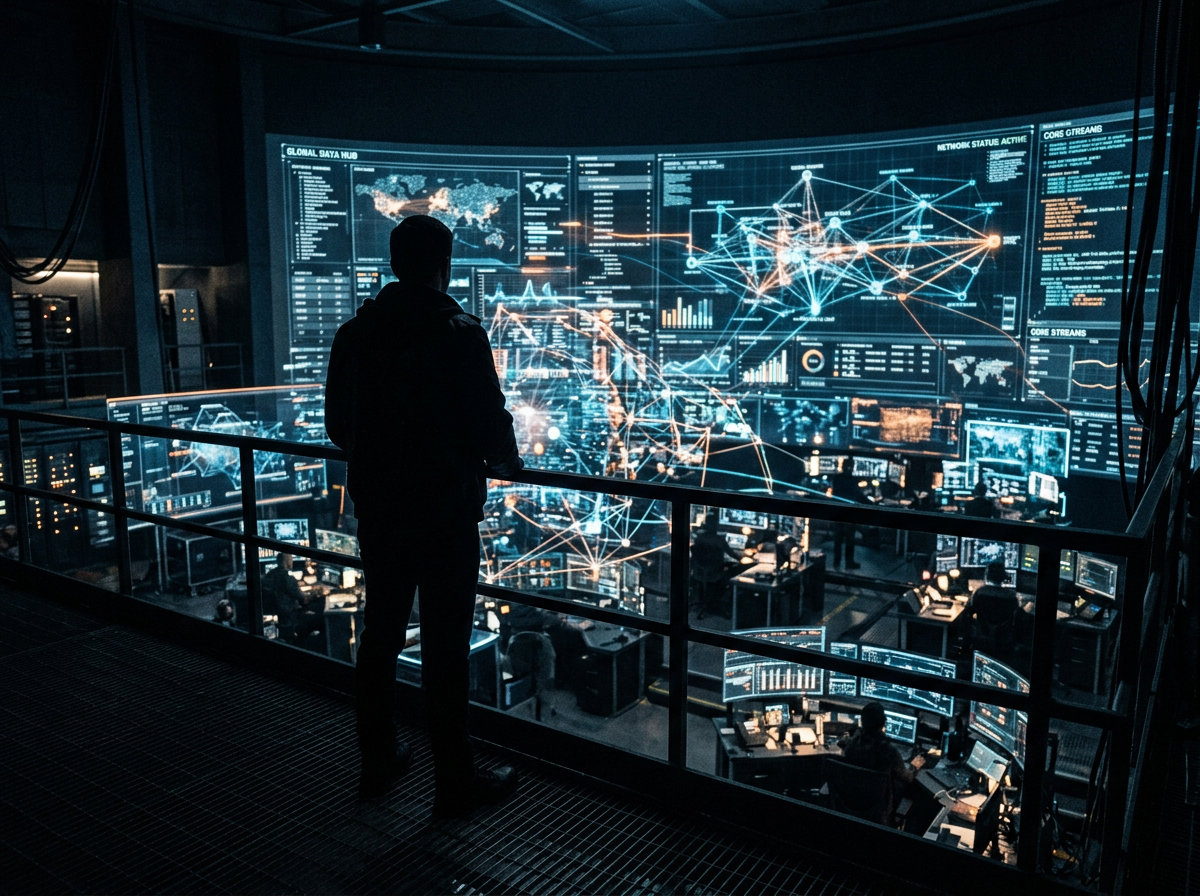Silhouette of person overlooking large digital screens displaying global network and data analytics