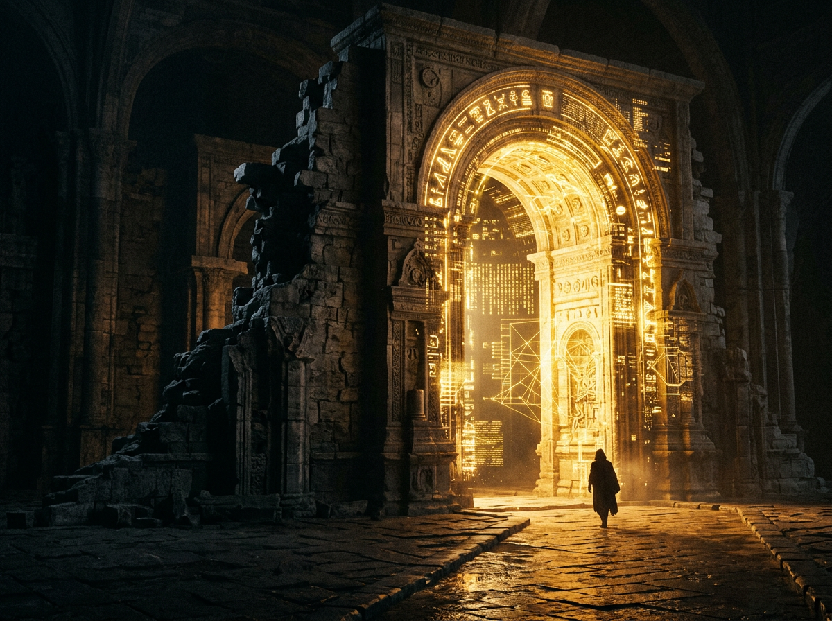 Dark stone ruins with a glowing golden archway portal and a person walking towards it