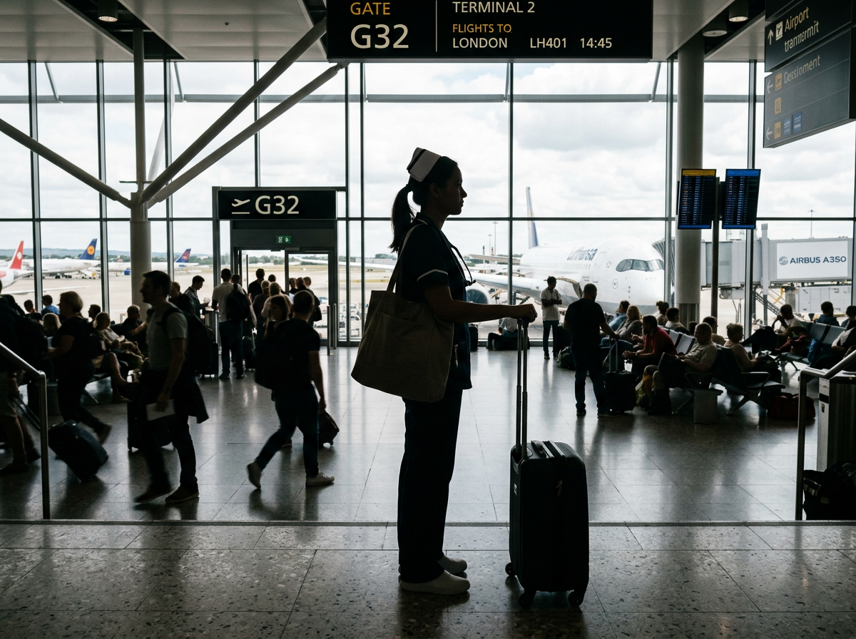 Nurse holding wheeled suitcase standing at airport gate G32 with Lufthansa airplane outside
