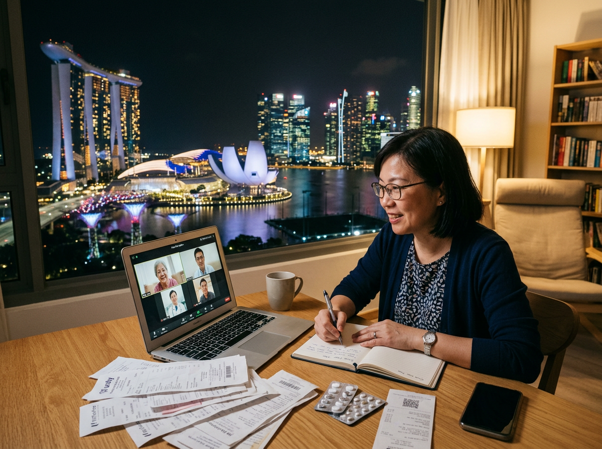 Woman attending a virtual medical consultation on laptop with medication and receipts on table