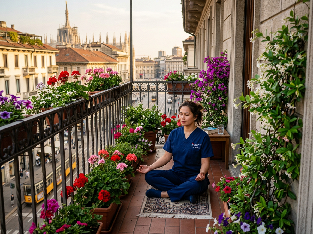 Healthcare worker meditating on a balcony surrounded by colorful flowers with cityscape in background