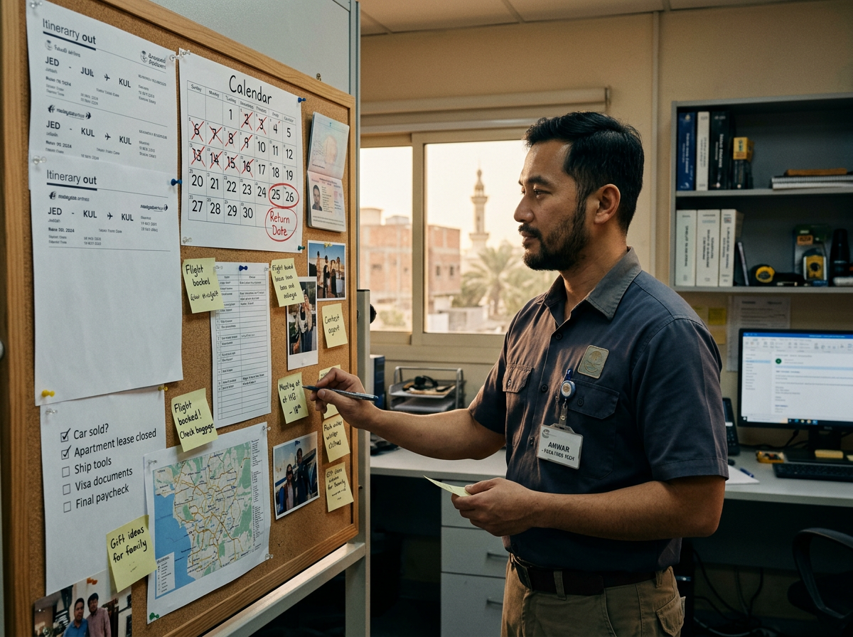 Man in uniform checking notes on an office corkboard with itinerary and calendar