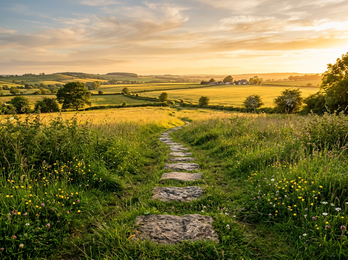Stone path through green meadow with wildflowers under a golden sunset sky