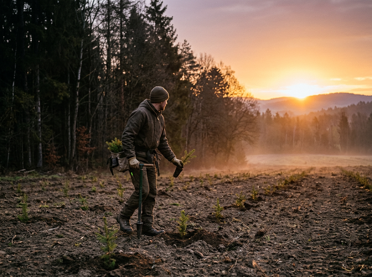 Person planting small evergreen saplings in a forest clearing at sunrise