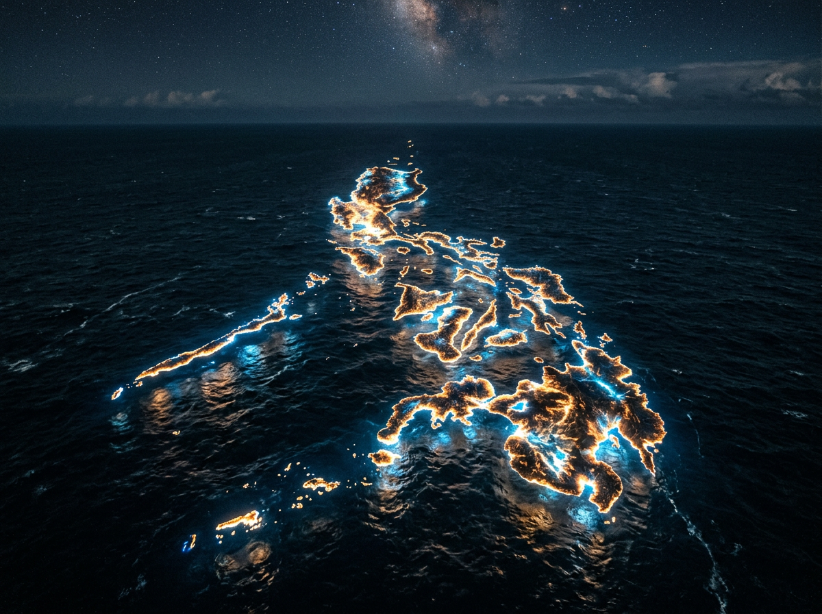 Glowing outline of the Philippine Islands in dark ocean at night