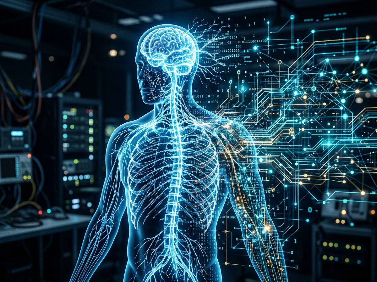 Glowing digital human nervous system connected to data network